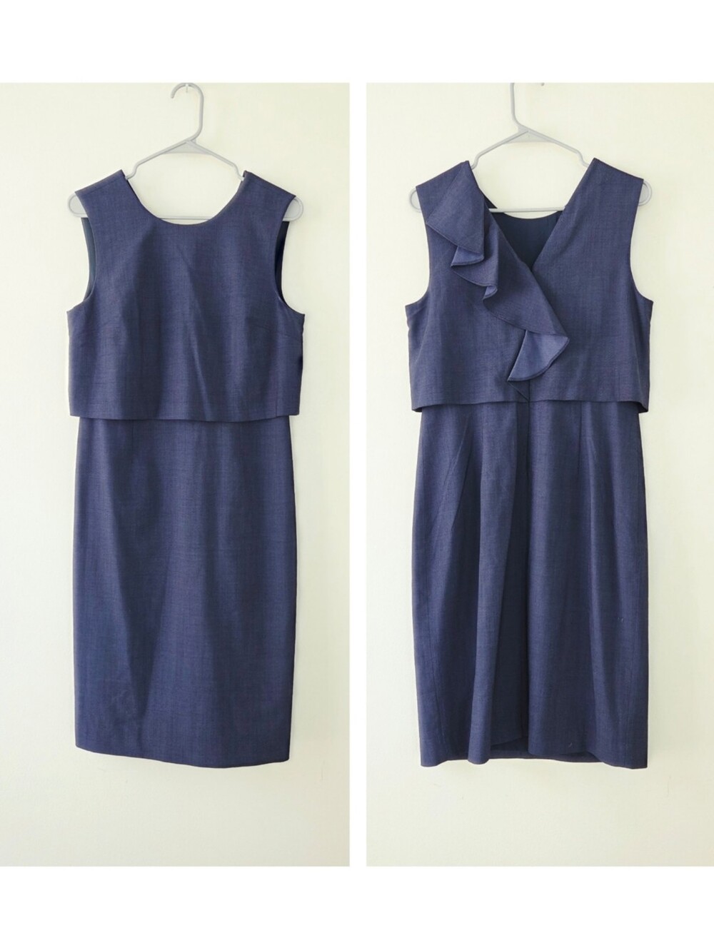 Banana Republic stretch wool blouson sheath dress size 8 ruffle back navy